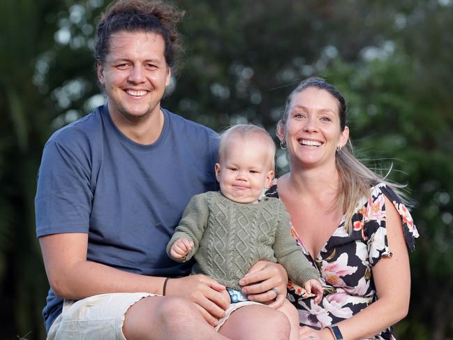 Andrew Cameron, 32, wife Kylie Cameron, 30, and son Oliver, 1 year old, pictured at their house in Waverley on Wednesday, October 21, 2020.Picture: Christian Gilles