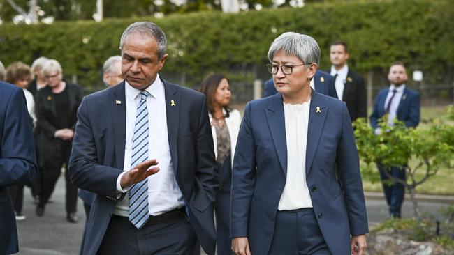 Foreign Minister Penny Wong and Israel's Ambassador to Australia Amir Maimon during the October 7th vigil at the Israeli Embassy in Canberra. Picture: Martin Ollman/NewsWire