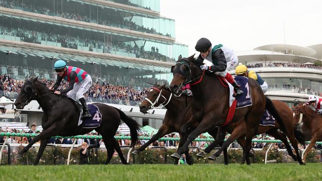 Mr Brightside (right) surges home to deny Antino in the Champions Mile at Flemington. Picture: Robert Cianflone/Getty Images