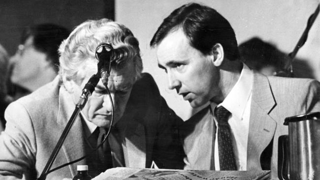 Bob Hawke and Paul Keating during the ALP Conference at the Lakeside Hotel in Canberra in 1982. Picture: Alan Porritt