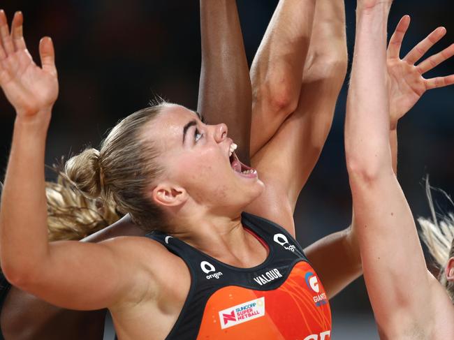 SYDNEY, AUSTRALIA - APRIL 16: Matilda McDonell of the Giants competes for the ball during the round five Super Netball match between GWS Giants and Collingwood Magpies at Ken Rosewall Arena on April 16, 2022 in Sydney, Australia. (Photo by Jason McCawley/Getty Images)