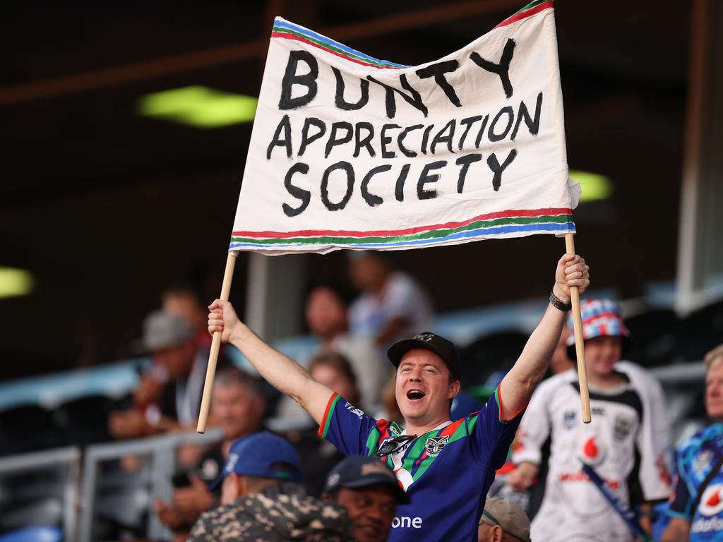 Bunty Afoa stan, and SuperCoach tragic, Anton Posa shows his support from the stands. Picture: NRL Photos