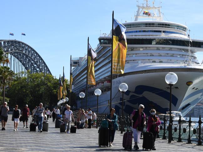 Cruise ship passengers disembark from the Ruby Princess at Circular Quay in Sydney on March 19. Picture: File/AAP