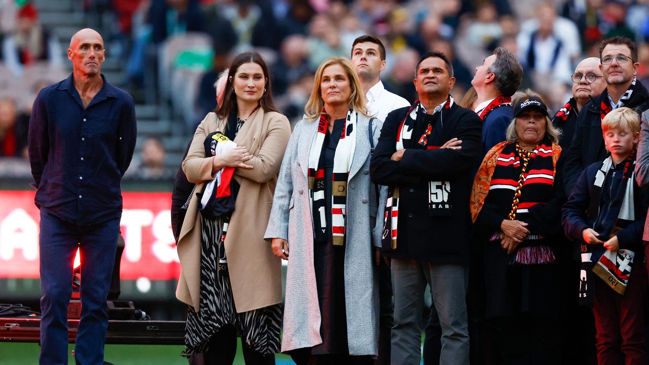 Nicky Winmar pictured with the Frawley family and Tony Lockett at St Kilda’s 150th anniversary celebrations. Picture: Michael Willson/AFL Photos via Getty Images