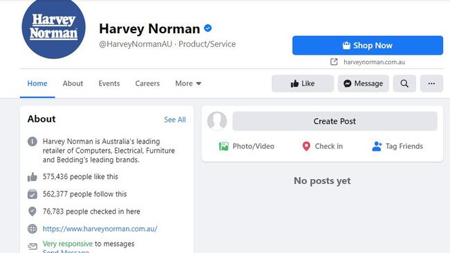 Facebook's news ban has even spread to the commercial world with Harvey Norman's page affected.