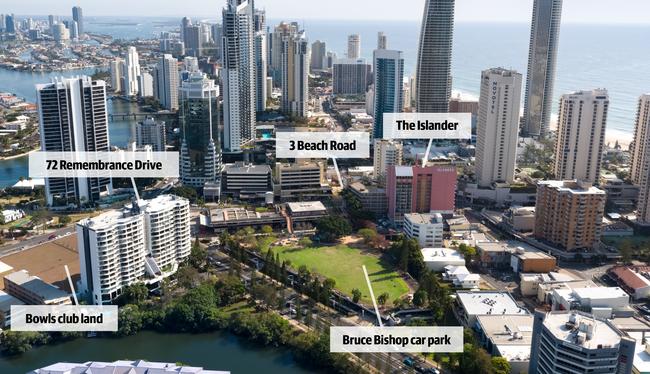 Surfers Paradise, showing Bruce Bishop car park and the former bowls club. Photo: Supplied