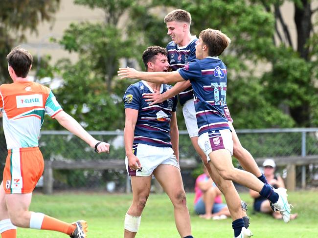 Mountain Creek players celebrate a try.Mountain Creek state school vs St Mary's College. The Langer Trophy qualifying matchesWednesday April 17, 2024. Picture, John Gass