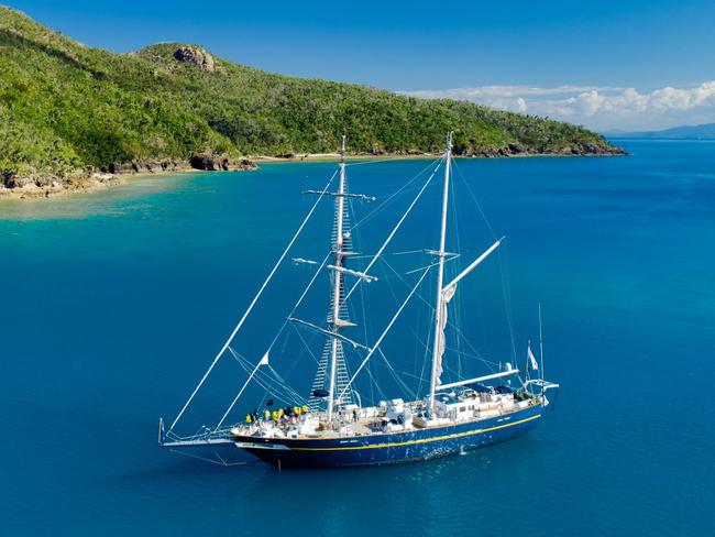 Royal Australian Navy Sail Training Ship, Young Endeavour sails in the Whitsundays, Queensland.