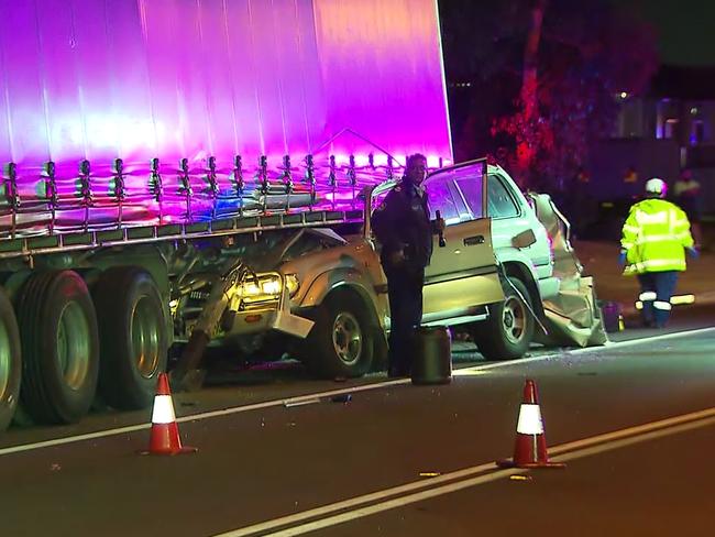 The 4WD slammed head on into the truck, killing the male driver. Picture: Oceania productions