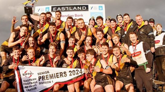 EFNL 2024: Mitcham celebrates back-to-back flags in Division 1. Picture: Field of View Photography