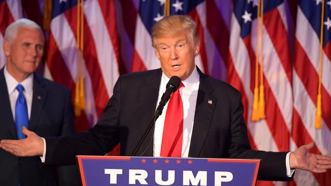 Donald Trump speaking during election night. Picture: AFP