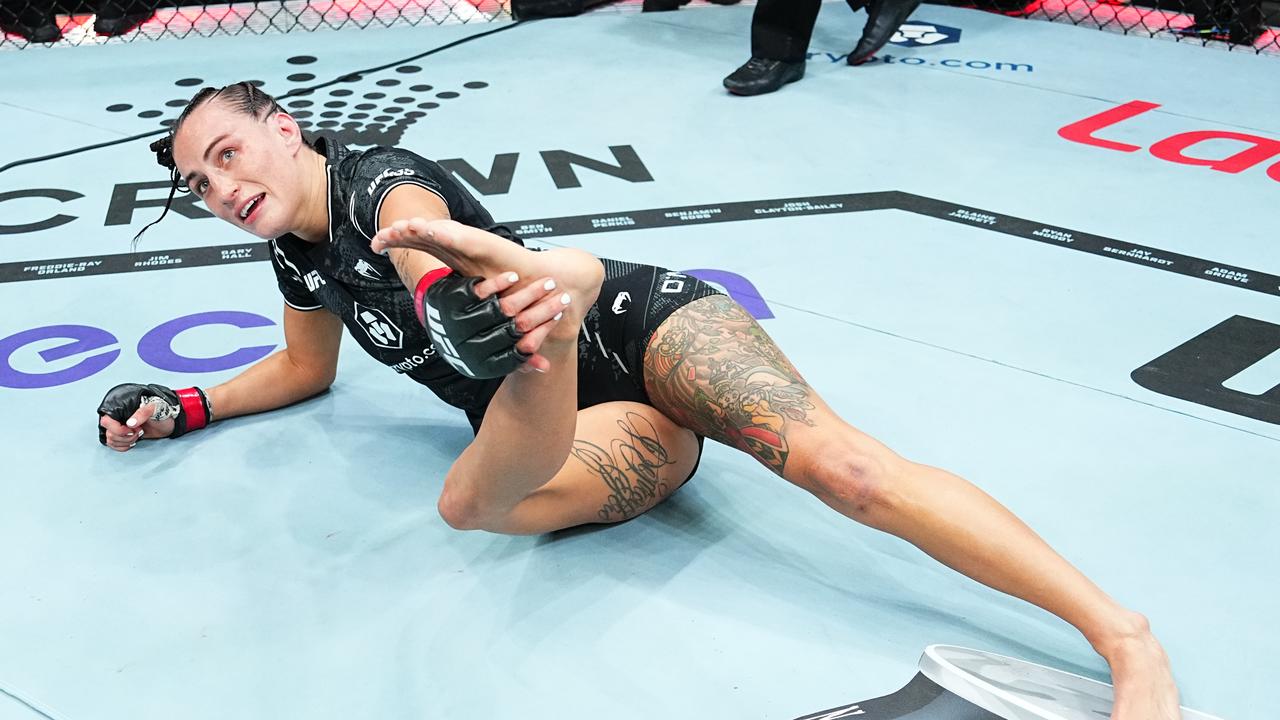 UFC athlete Casey O’Neill of Scotland mimics Olympic break dancer Raygun after her victory. Photo by Jeff Bottari/Zuffa LLC.