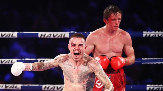 AUCKLAND, NEW ZEALAND - MAY 06: George Kambosos Jr of Australia celebrates beating Qamil Balla at Vodafone Events Centre on May 6, 2017 in Auckland, New Zealand. (Photo by Hannah Peters/Getty Images)