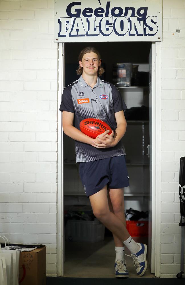 Current Geelong player Joe Pike in the Falcons changerooms back in 2023. Picture: Alison Wynd