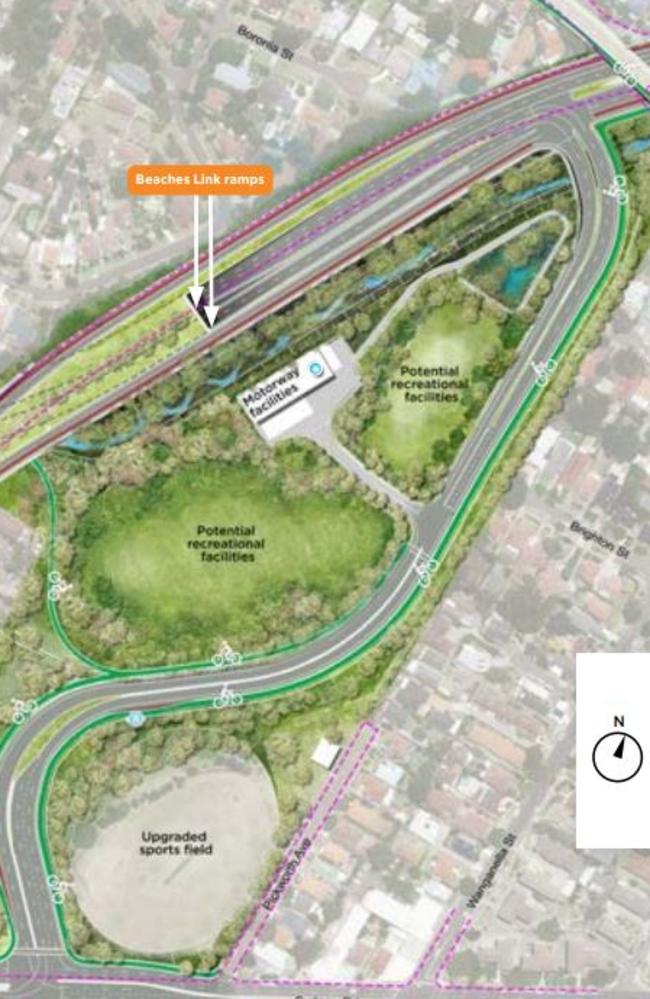 Plans for the Beaches Link show a new road linking Burnt Bridge Creek Deviation with Sydney Rd and Balgowlah Golf Course being converted to community open space.