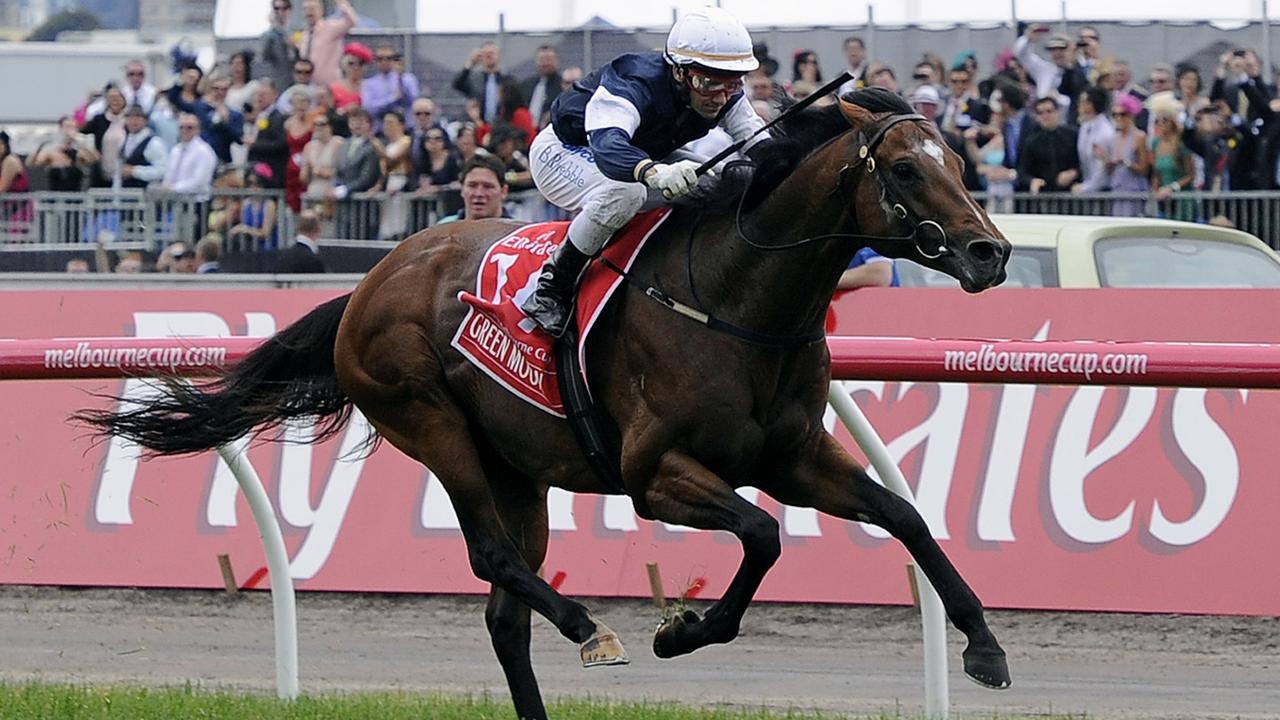Green Moon ridden by Brett Prebble wins the Melbourne Cup at Flemmington Race Course in Melbourne, Australia, Tuesday, Nov. 6, 2012. The locally trained English import, ridden by the Hong Kong-based Australian jockey, won Australia's richest and most prestigious horse race. (AP Photo/Andrew Brownbill)