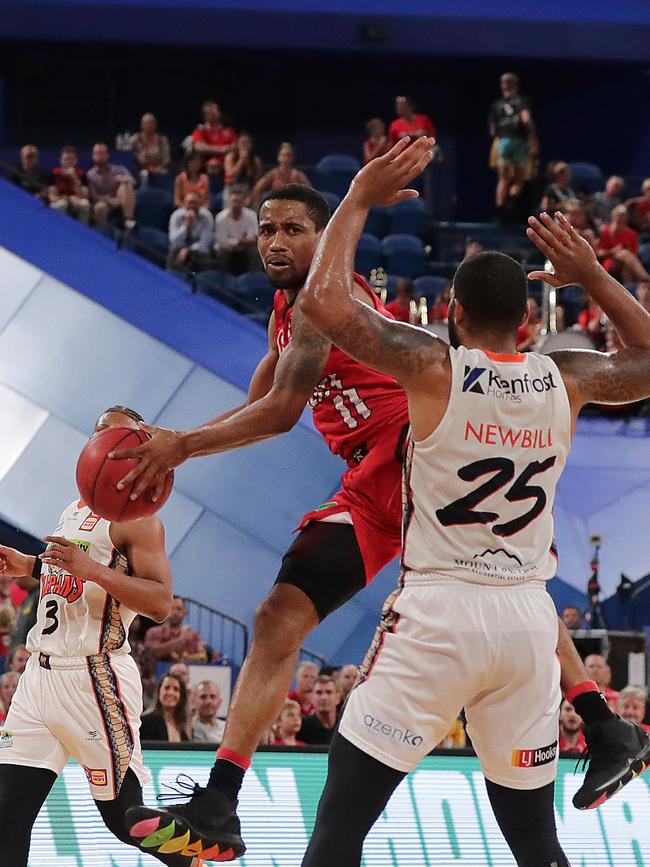 PERTH, AUSTRALIA – MARCH 05: Bryce Cotton of the Wildcats passes the ball during game three of the NBL Semi Final Series between the Perth Wildcats and the Cairns Taipans at RAC Arena on March 05, 2020 in Perth, Australia. (Photo by Will Russell/Getty Images)