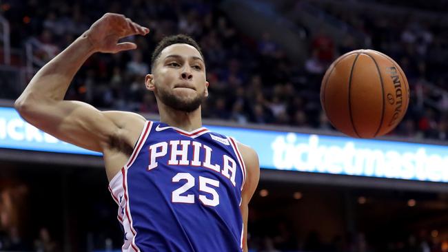 Ben Simmons of the Philadelphia 76ers dunks the ball against the Washington Wizards.