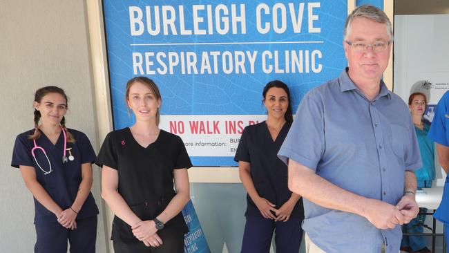 Gold Coast Primary Health Network chairman Dr Roger Halliwell with staff of the Burleigh Cove Respiratory Clinic. Picture Glenn Hampson