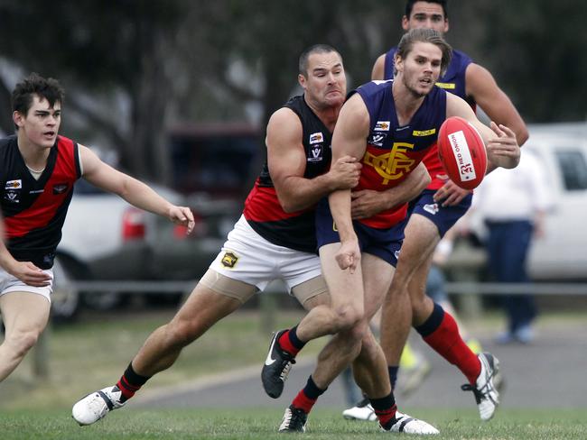 RDFL footy: Diggers Rest V Riddell at Bloomdale Oval Diggers Rest. Taylor Hine from Diggers Rest Brian Ruffell from Riddel Picture: Richard Serong