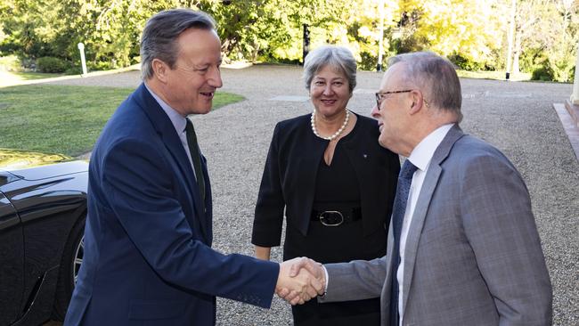 UK Secretary of State for Foreign, Commonwealth and Development Affairs David Cameron and British High Commissioner to Australia Vicki Treadell with Prime Minister Anthony Albanese at the Lodge in Canberra.