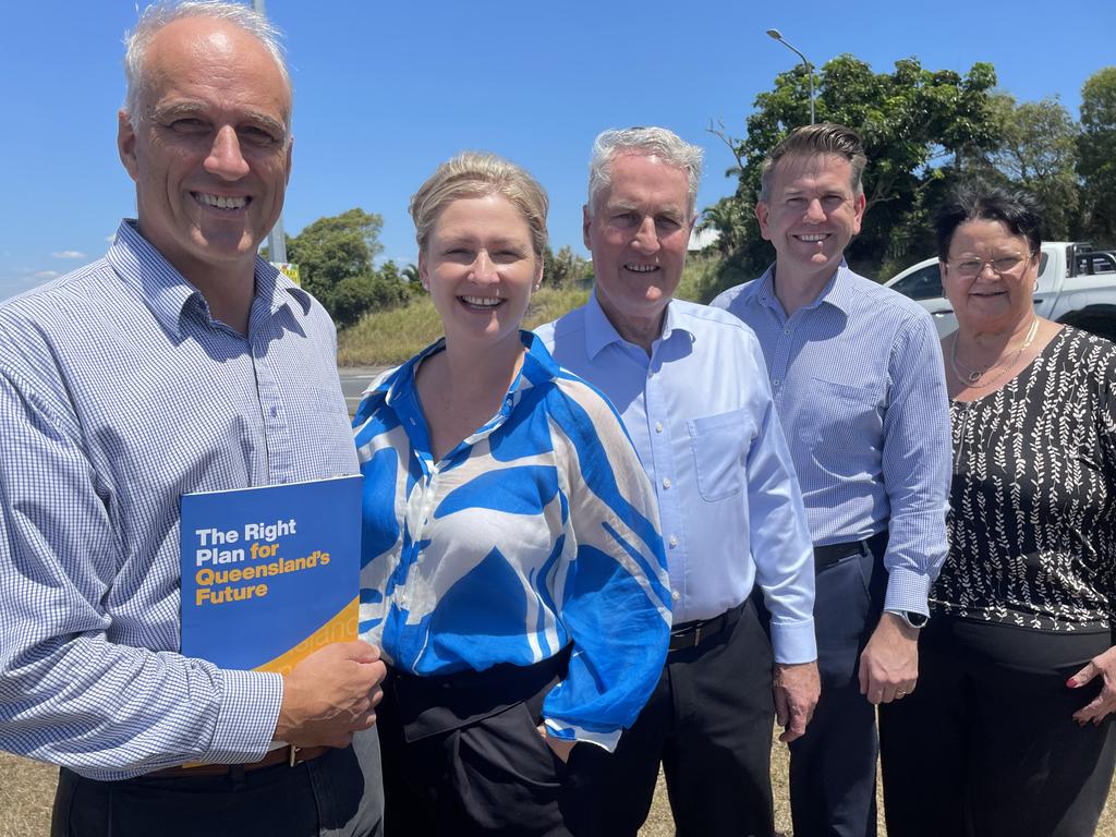 LNP commits $20m for upgrades to Mackay-Bucasia Road on October 1, 2024, alongside Mackay's mayor and deputy mayor at the Golf Links Road intersection. (L-R) Nigel Dalton, LNP candidate for Mackay, Whitsunday MP Amanda Camm, Mackay mayor Greg Williamson, LNP deputy leader Jarrod Bleijie, Mackay deputy mayor Karen May).