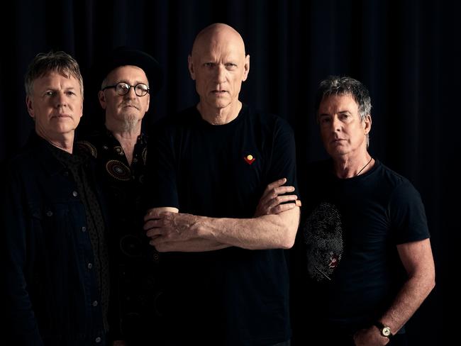 ***EXCLUSIVE FOR THE AUSTRALIAN ONLY***Sydney rock band Midnight Oil, whose 13th album will be released in late 2021. L-R: Martin Rotsey (guitar), Jim Moginie (guitar/keyboard), Peter Garrett (vocals) and Rob Hirst (drums). Picture: Daniel Boud