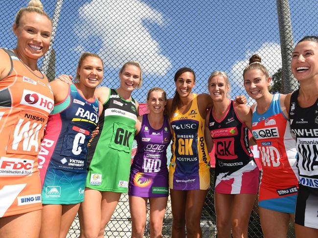 (L-R) Netball captains Kim Green (Giants), Kate Maloney (Vixens), Courtney Bruce- (West Coast Fever), Gabi Simpson (Firebirds), Geva Mentor (Lightning), Leana De Bruin (Thunderbirds), Abbey McCulloch (Swifts) and Madi Robinson (Magpies) at the captains call in Sydney.