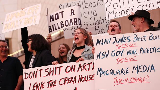 People protesting in front of the Opera House. Picture: Mark Metcalfe/Getty Images