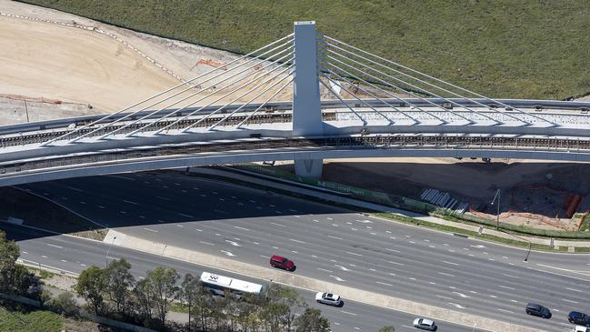 Aerial view of the Cable Stay Bridge for the Metro at Windsor Rd. Picture: Transport for NSW