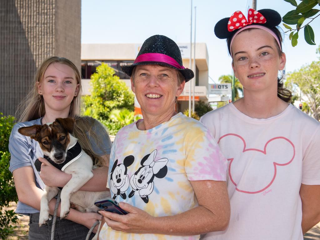 Jae Elliott, Mumba (dog) Sandy Elliott and E-J Elliott at CSI Mackay CBD.Picture: Michaela Harlow