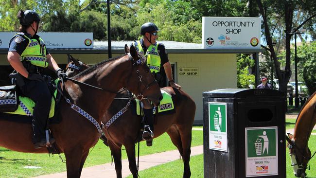 Police patrol the Todd Mall on horseback as part of Operation Drina, targeting anti-social behaviour and associated crime in Alice Springs. Picture: Jason Walls