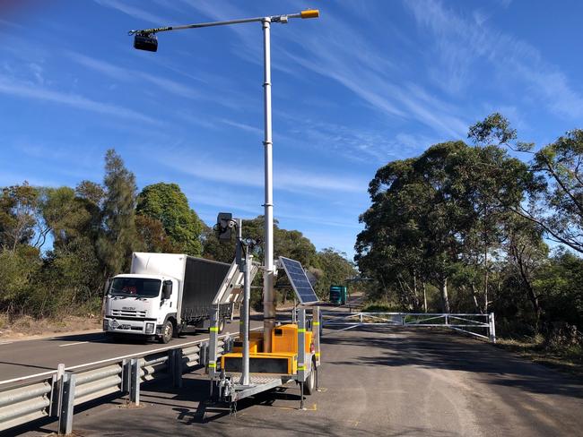 A transportable mobile phone detector camera mounted on a trailer by the side of Mona Vale Rd at Belrose. Picture: Jim O'Rourke