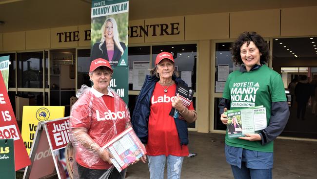 No bad blood between Labor volunteers Helen Matthews and Sybil Furnevall and Greens volunteer Wendy Neilan at the West Ballina polling booth, May 21,2022. Picture: Tessa Flemming