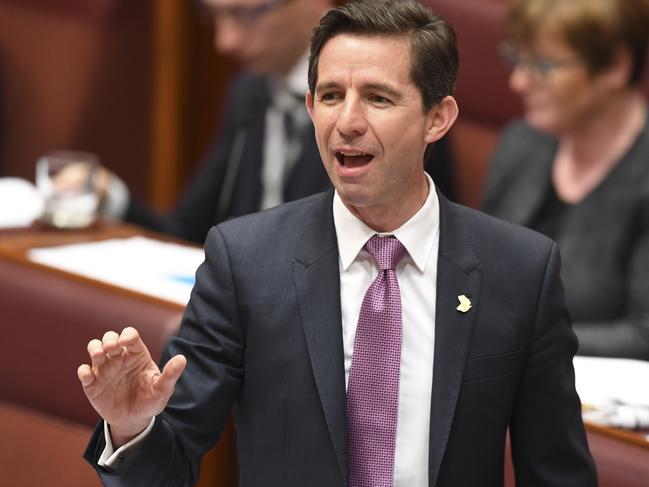 Australian Education Senator Simon Birmingham speaks during Senate Question Time in the Senate chamber at Parliament House in Canberra, Monday, November 27, 2017. (AAP Image/Lukas Coch) NO ARCHIVING