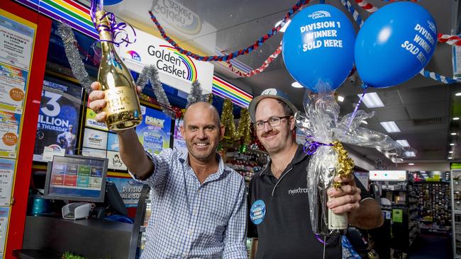 Shane Griffin and Steven Olsson from Nextra Burleigh Heads in Stockland Shopping Centre celebrated their customer’s $60 million dollar Powerball win in November. Picture: Jerad Williams