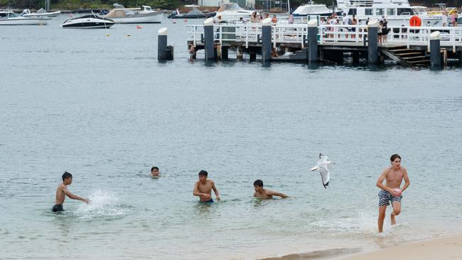 Swimmers outside the safety of the shark net at Balmoral Beach, a popular ocean swimming spot, the day after a shark attack on a swimmer in Sydney Harbour at Elizabeth Bay. Picture: Max Mason-Hubers