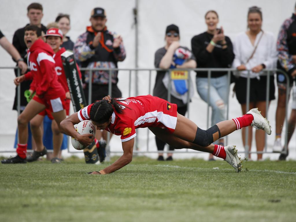 Kimberley Hunt scores for Walgett Aboriginal Connection women. Picture: Warren Gannon Photography