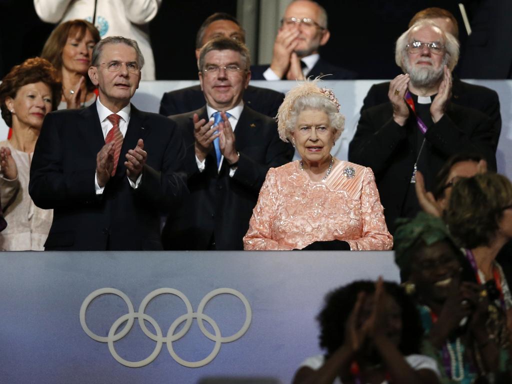 The Queen safely landed at the London Olympics opening ceremony. Picture: AP