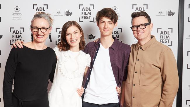 Roz Hervey, Tilda, Huey Cobham-Hervey and Geoff Cobham on the red carpet at GU Film House in Adelaide, in October 2018. Picture: Matt Loxton