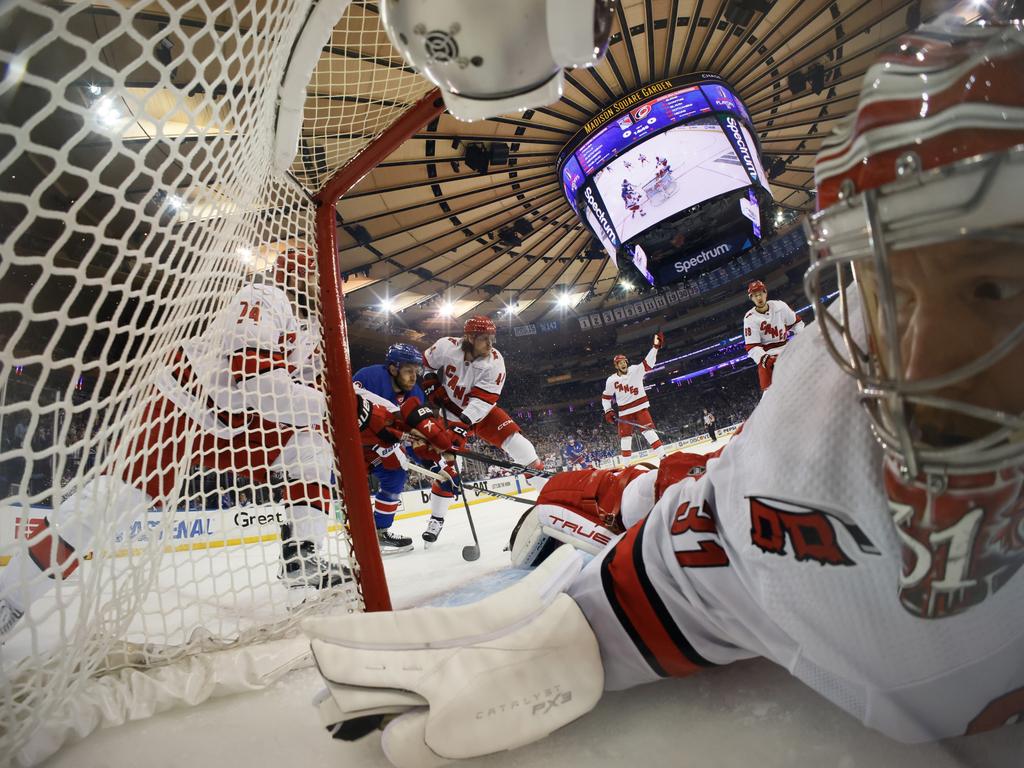 Frederik Andersen of the Carolina Hurricanes dives to make a save against the New York Rangers. Picture: Bruce Bennett/Getty Images