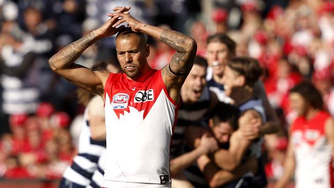 Dejected Sydney superstar Lance Franklin after Isaac Smith’s third goal. Picture: Phil Hillyard