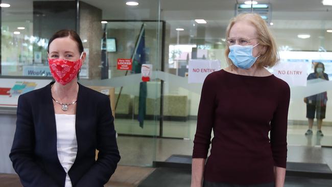 Queensland Health Minister Yvette D’Ath and Chief Health Officer Jeannette Young at Redcliffe Hospital. Picture: Annette Dew