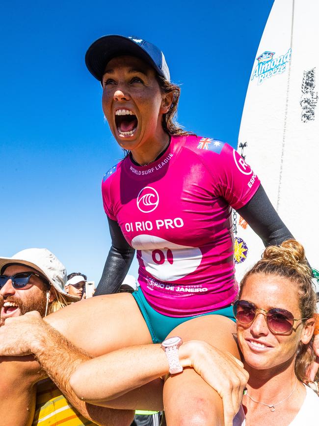 Fitzgibbon celebrating her world number one ranking in surfing. Picture: WSL