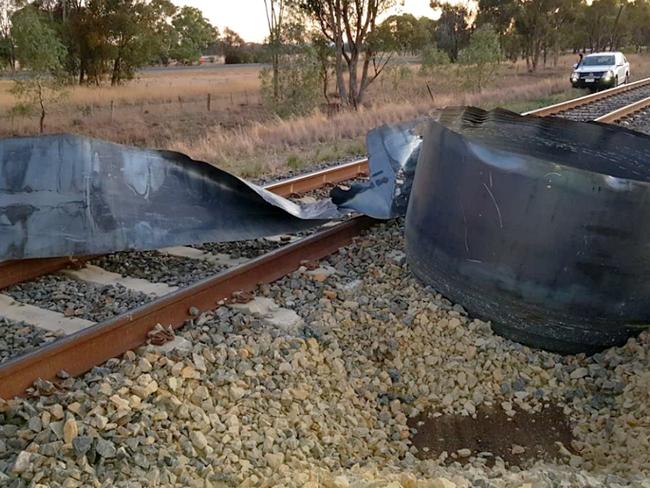 Large metal coil obstructing the Melbourne to Sydney train line near Winton, Victoria.