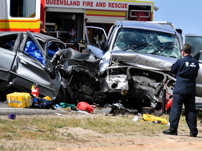 Emergency services attend a 3 person fatal crash involving four vehicles south of Townsville. Picture: Alix Sweeney