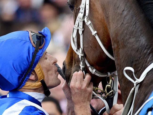 Hugh Bowman gives Winx a kiss after their amazing triumph. Picture: Nicole Garmston