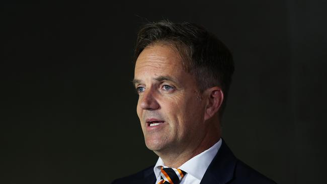 Wests Tigers CEO Justin Pascoe and new coach Michael Maguire speak during a press conference at Concord Oval, Sydney. Picture: Brett Costello