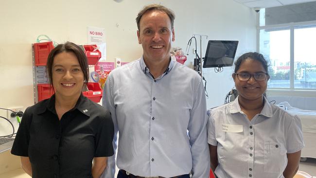 Director of midwifery and nursing Cameron Dufy with new registered nurses Ebonie Campbell and Indira Lena. Photo: Kristina Puljak