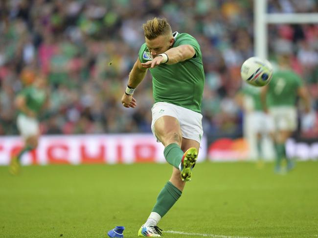 Ireland's fly half Ian Madigan kicks a conversion during the 2015 Rugby World Cup between Ireland and Romania. Picture: AFP